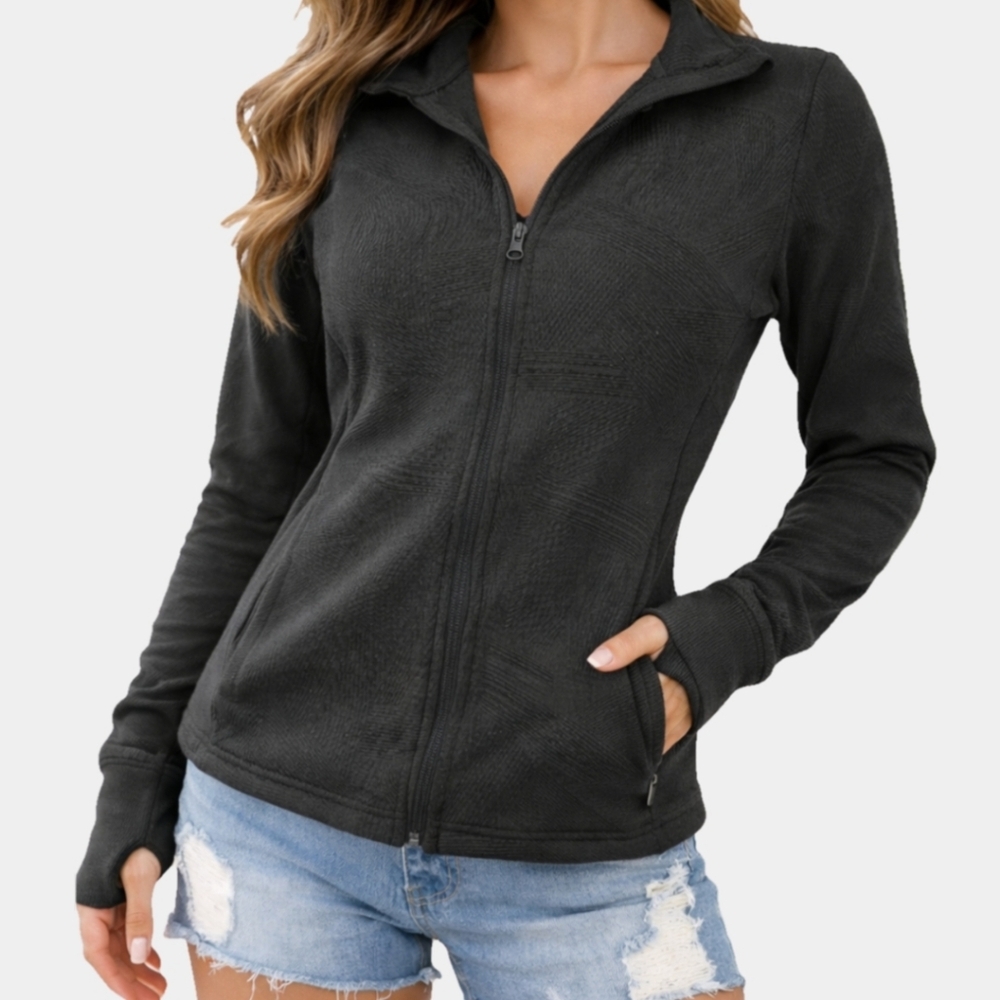 Mondetta Jacquard Black Collared Long Sleeve Zippered Sweatshirt Size M